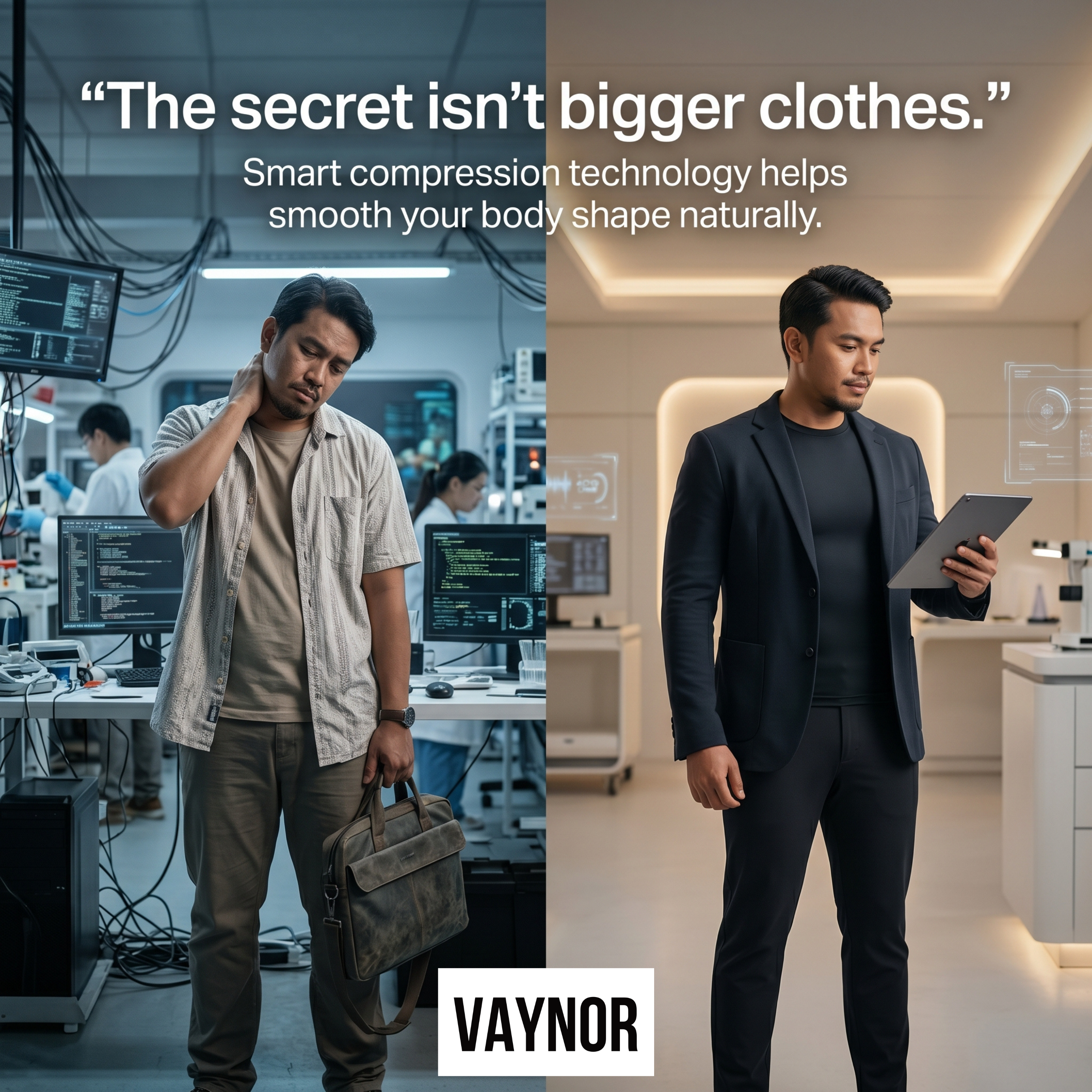 Two men in different settings with text about smart compression technology and VAYNOR brand.