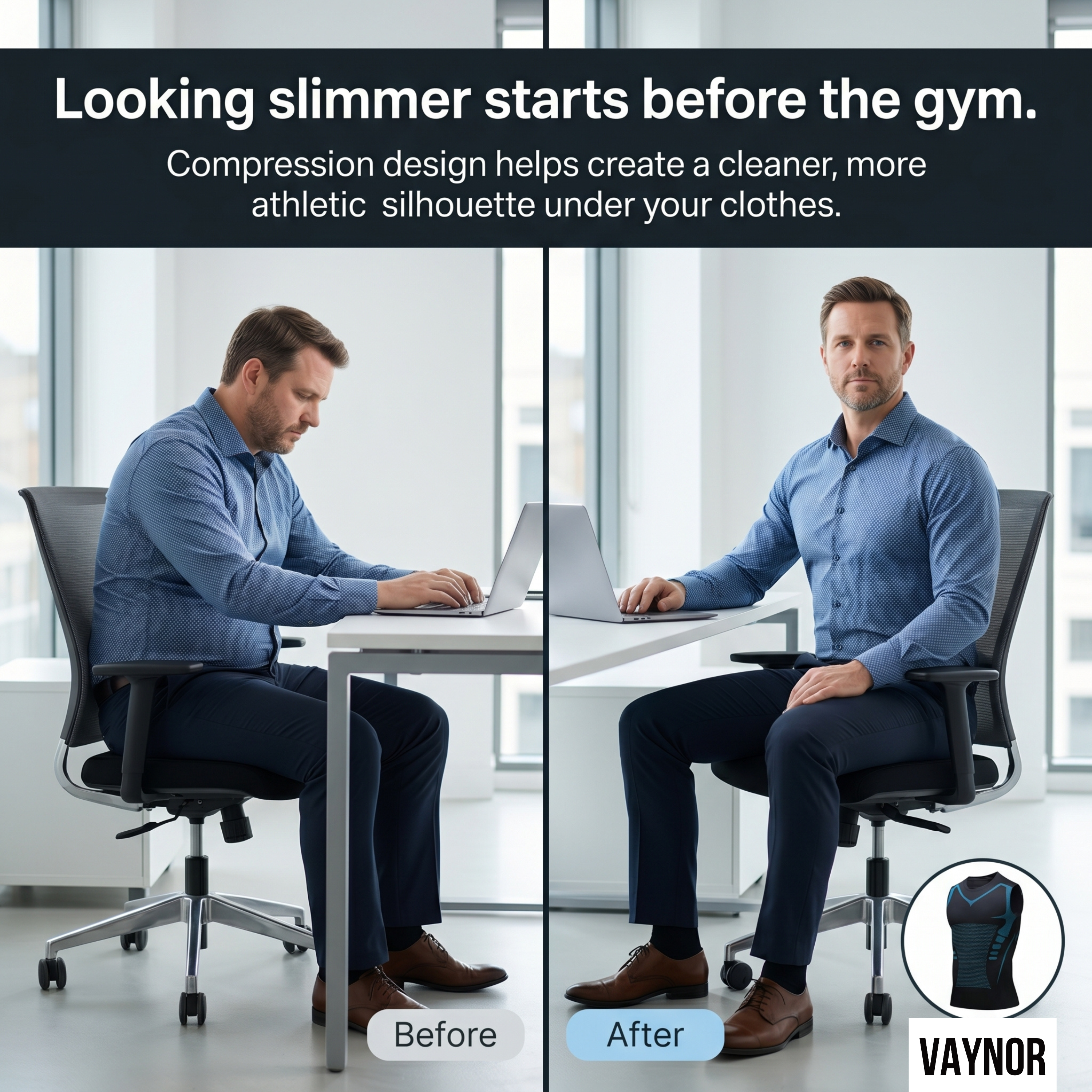 Before and after comparison of a man using a laptop, with text about compression design and VAYNOR brand.