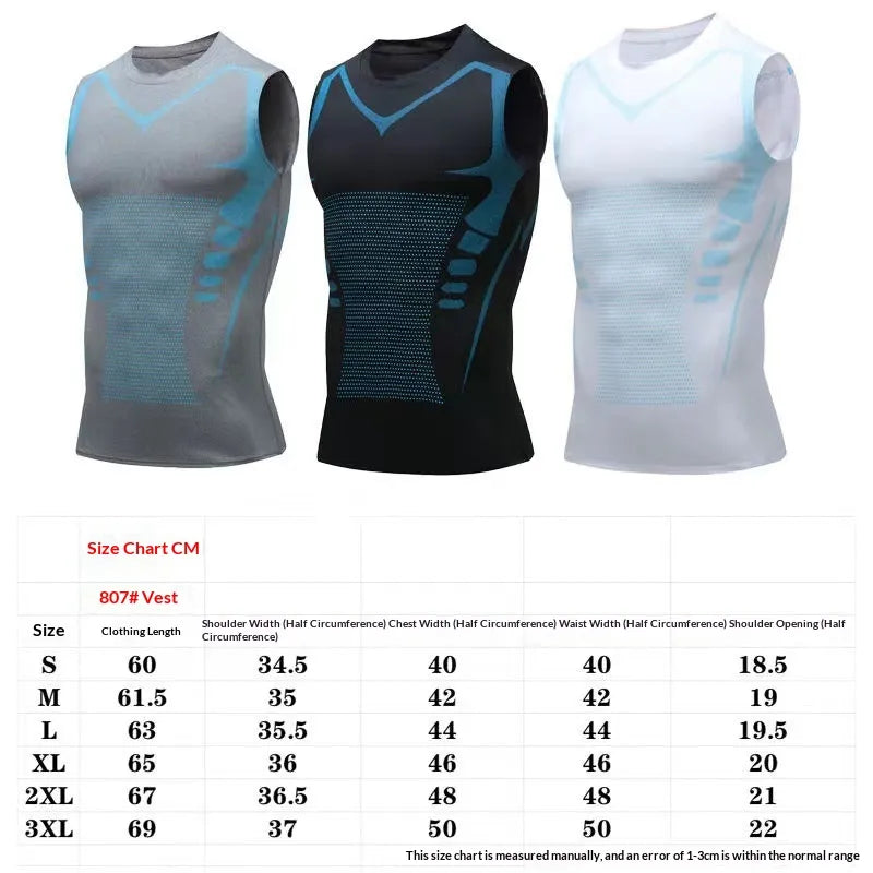 Vaynor Three sleeveless athletic shirts in gray, black, and white with blue accents, accompanied by a size chart.