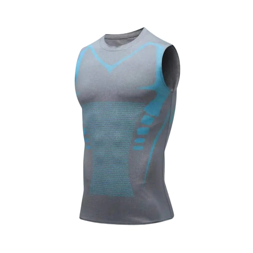 Vaynor Gray sleeveless athletic shirt with blue accents on a white background