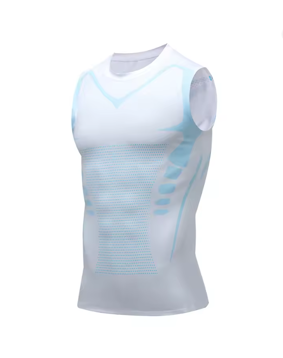 White sleeveless athletic shirt with blue accents on a white background