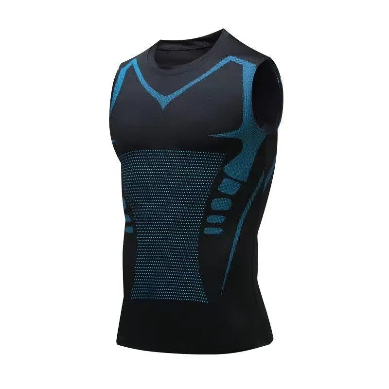 Black sleeveless athletic shirt with blue accents on a white background
